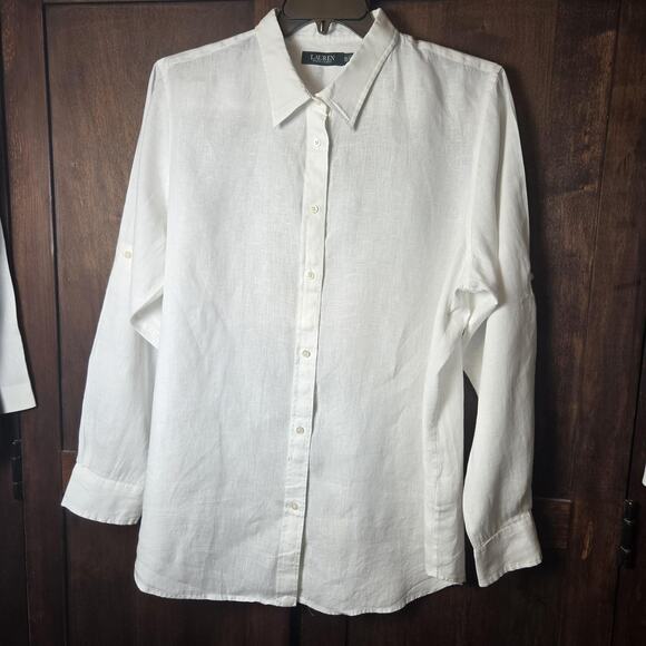Lauren Ralph Lauren Tops - Lauren Ralph Lauren Shirt Womens XXL White Linen Button Up Roll Tab Long Sleeve